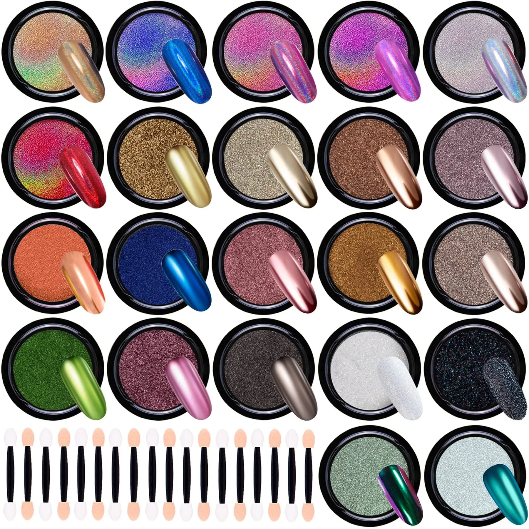 Duufin 22 Colors Chrome Nail Powder Metallic Nail Powders Mirror Effect Nail Art Powder Holographic Aurora Powder Chrome Powder for Nail Art with 22 Pcs Eyeshadow Sticks, 1g/Jar