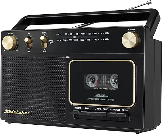 Studebaker Portable Retro Home Audio Stereo AM/FM Radio & Cassette Player/Recorder with Aux Input Jack & Built in Speakers (Gold)