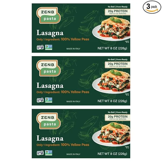 ZENB Plant-Based Lasagna - Pasta Made From 100% Yellow Peas, Gluten Free, Non-GMO & Vegan, Less Carbs than Traditional Pastas, 20g Protein & 12g Fiber In Every 3.5 oz Serving - 8 oz Boxes (Pack of 3)