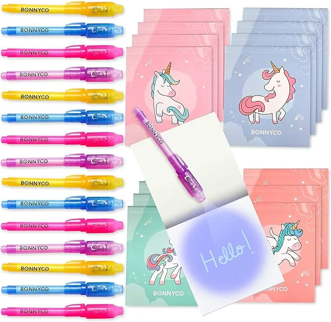 BONNYCO Invisible Ink Pen and Notebook Pack of 16 Unicorn Party Favors for Kids ...