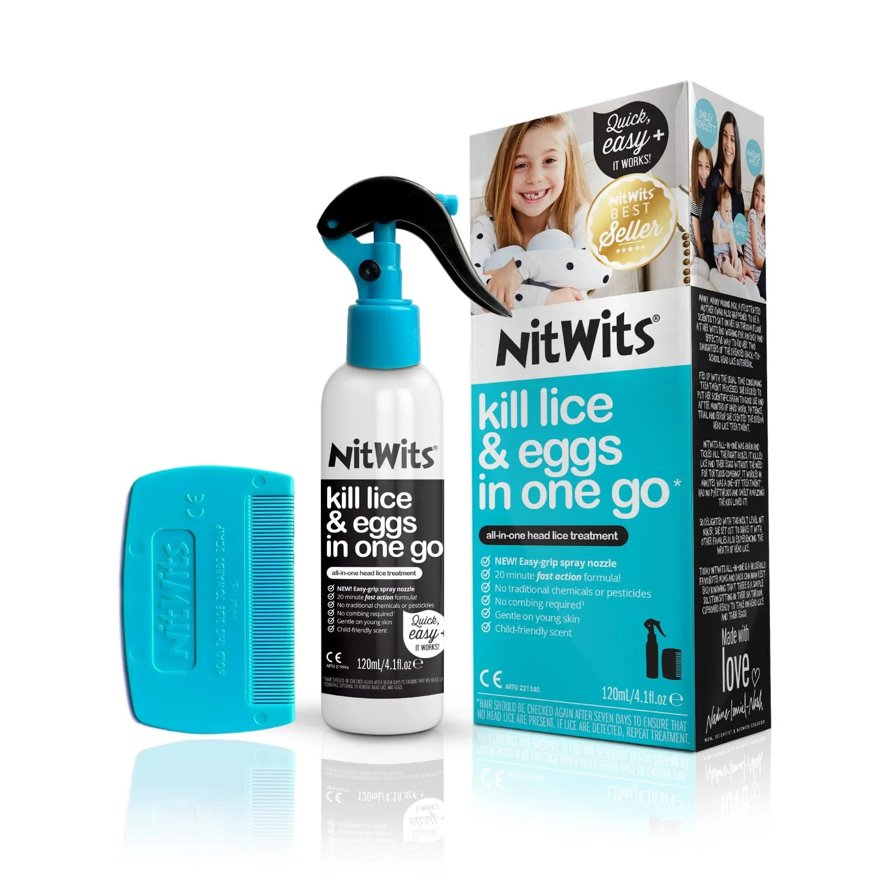 NitWits All-in-One Head Lice Treatment Spray, Kills Lice, Super Lice & Eggs, Includes Lice Spray 120ml & Lice Comb, Lice Treatment for Kids & Adults