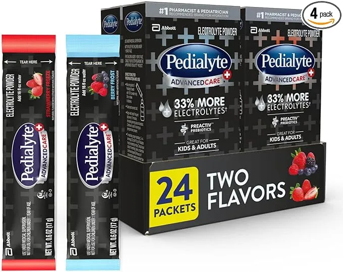 Pedialyte AdvancedCare Plus Electrolyte Powder, with 33% More Electrolytes and PreActiv Prebiotics, Berry Frost, Electrolyte Drink Powder Packets, 0.6 oz, 18 Count