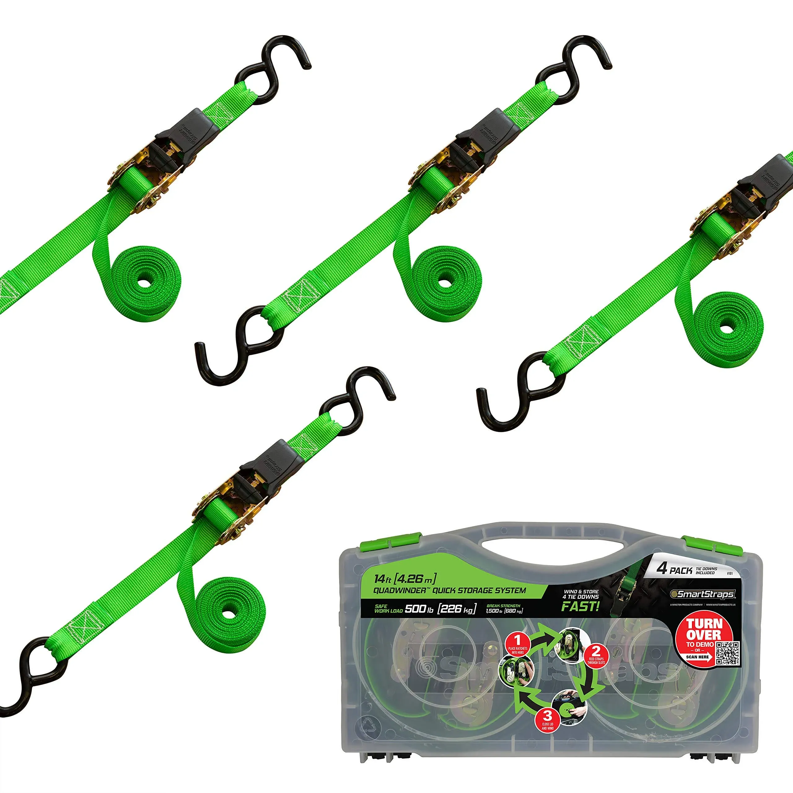 SmartStraps 14’ Padded Ratchet Tie Down, 4 Pack — Standard Duty Tie-Down Straps — 1,500lb Break Strength, 500lb Safe Work Load — Haul Dirt Bikes, ATVs, and Mowers