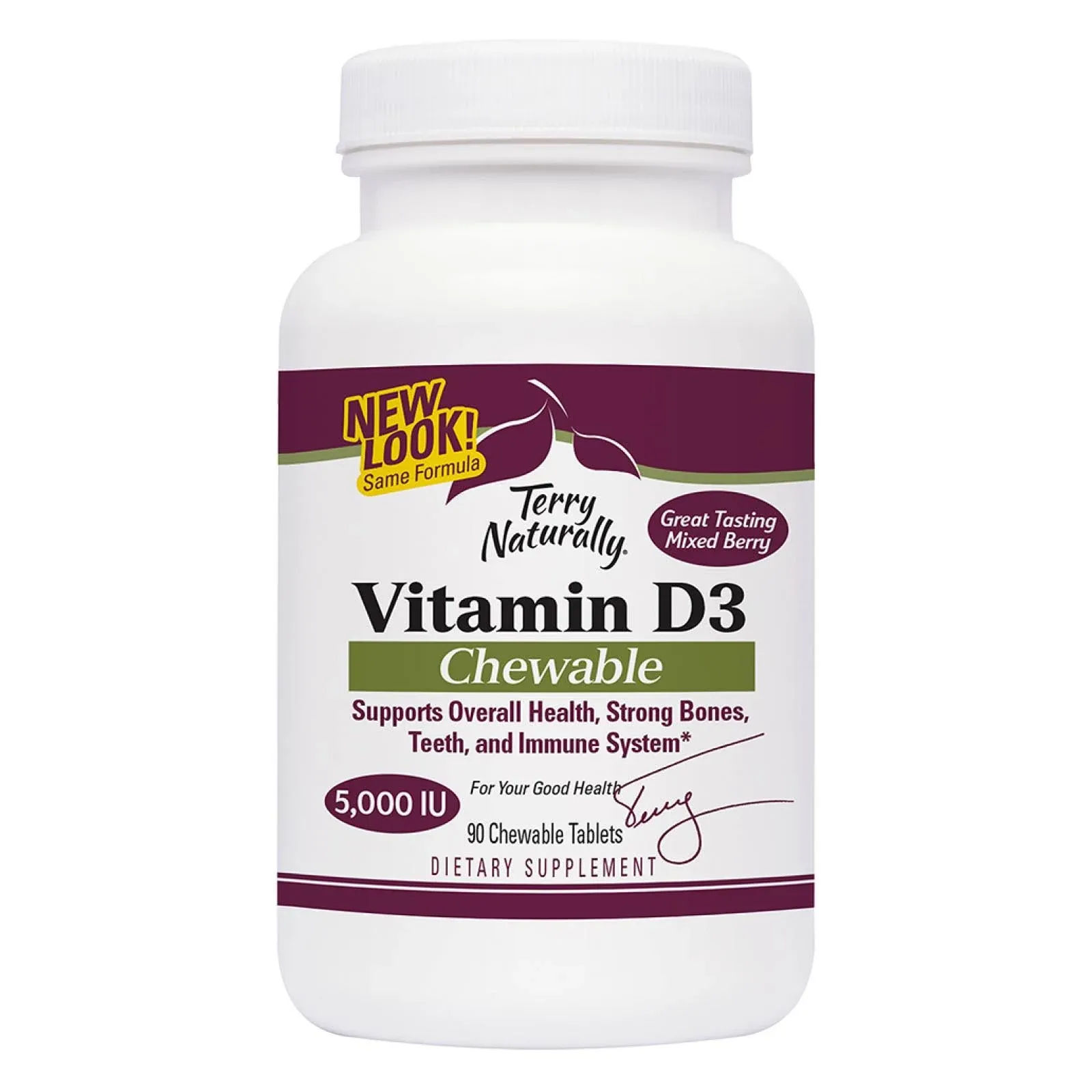 Terry Naturally Vitamin D3 5,000 IU - 90 Chewable Tablets, Mixed Berry Flavor - Supports Strong Bones, Teeth & Immune System - Non-GMO, Gluten Free - 90 Servings