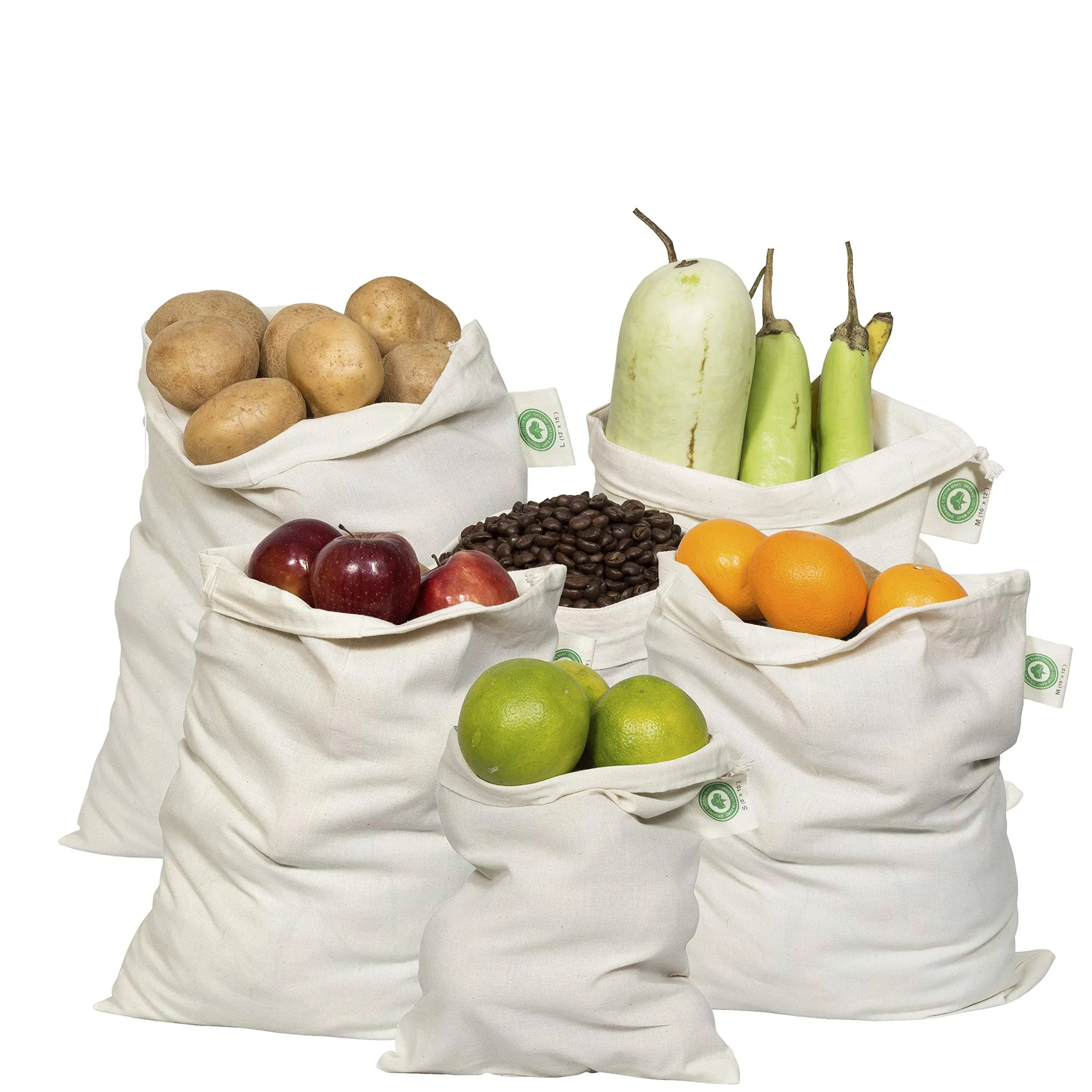 Reusable Produce Bags Cotton Washable - Organic Cotton Vegetable Bags - Cloth Bag with Drawstring - Muslin Cotton Fabric Produce Bags - Bread Bag - Set of 6 (2 Large, 2 Medium, 2 Small)