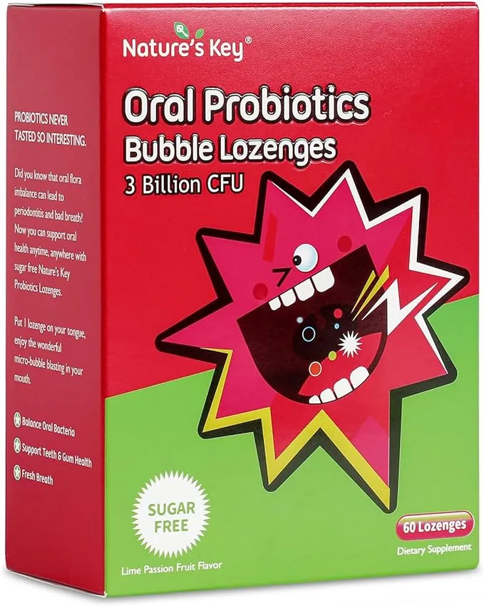 Nature's Key Oral Probiotic Bubble Lozenges -3 Billion CFU Probiotics, Support Teeth & Gums Health and Fresh Breath (60 Count Pack of 1)