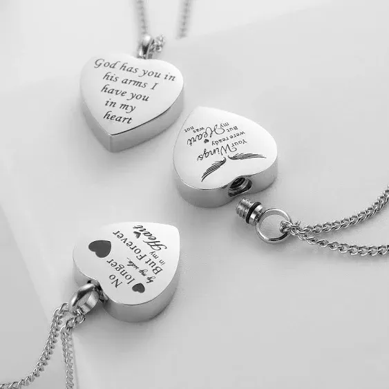 3 Pack Urn Necklace for Ashes Memorial Cremation Jewelry Ashes, Heart Silver Locket Stainless Steel Urns Pendant Keepsake with Different Words & Funnel Kit Bag