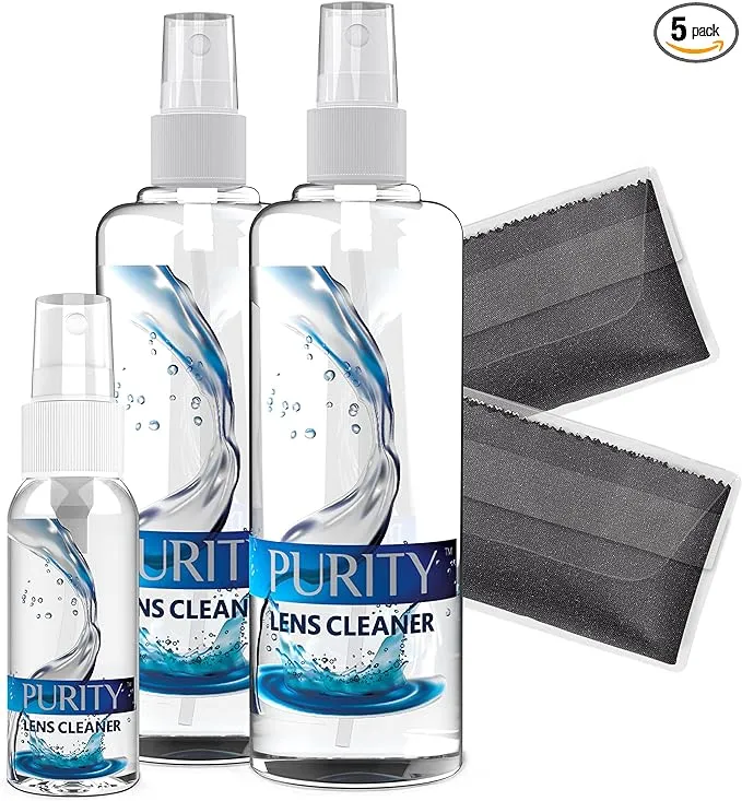 Purity Eyeglass Lens Cleaner Kit - 2 x 8oz and 1 x 2oz Lens Cleaner Spray Bottle + 2 Microfiber Cleaning Cloths - Safe for All Lenses (AR Coated Included), Eyeglasses and Screens - Clear