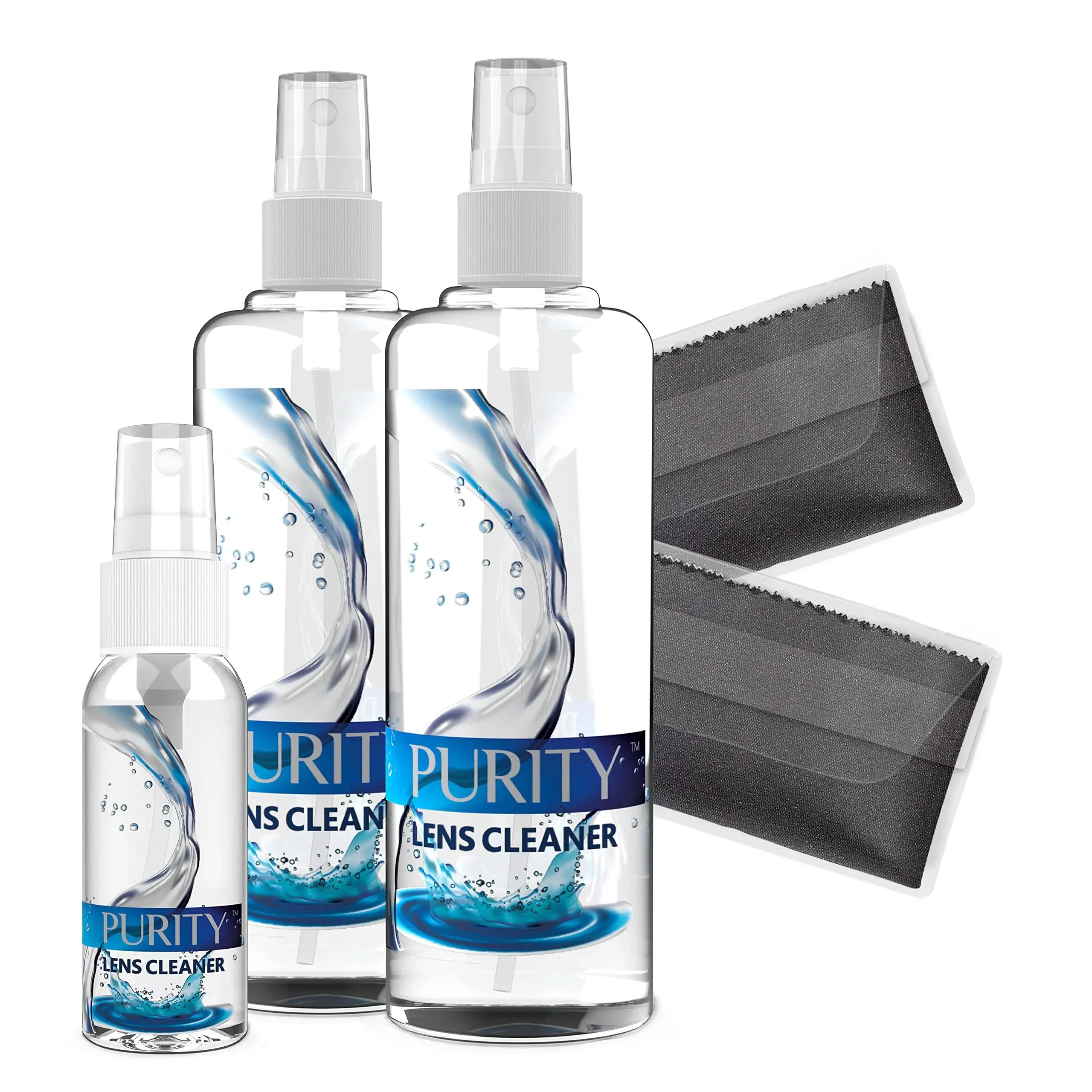 Purity Eyeglass Lens Cleaner Kit - 2 x 8oz Spray Bottles with 2 Microfiber Cloth