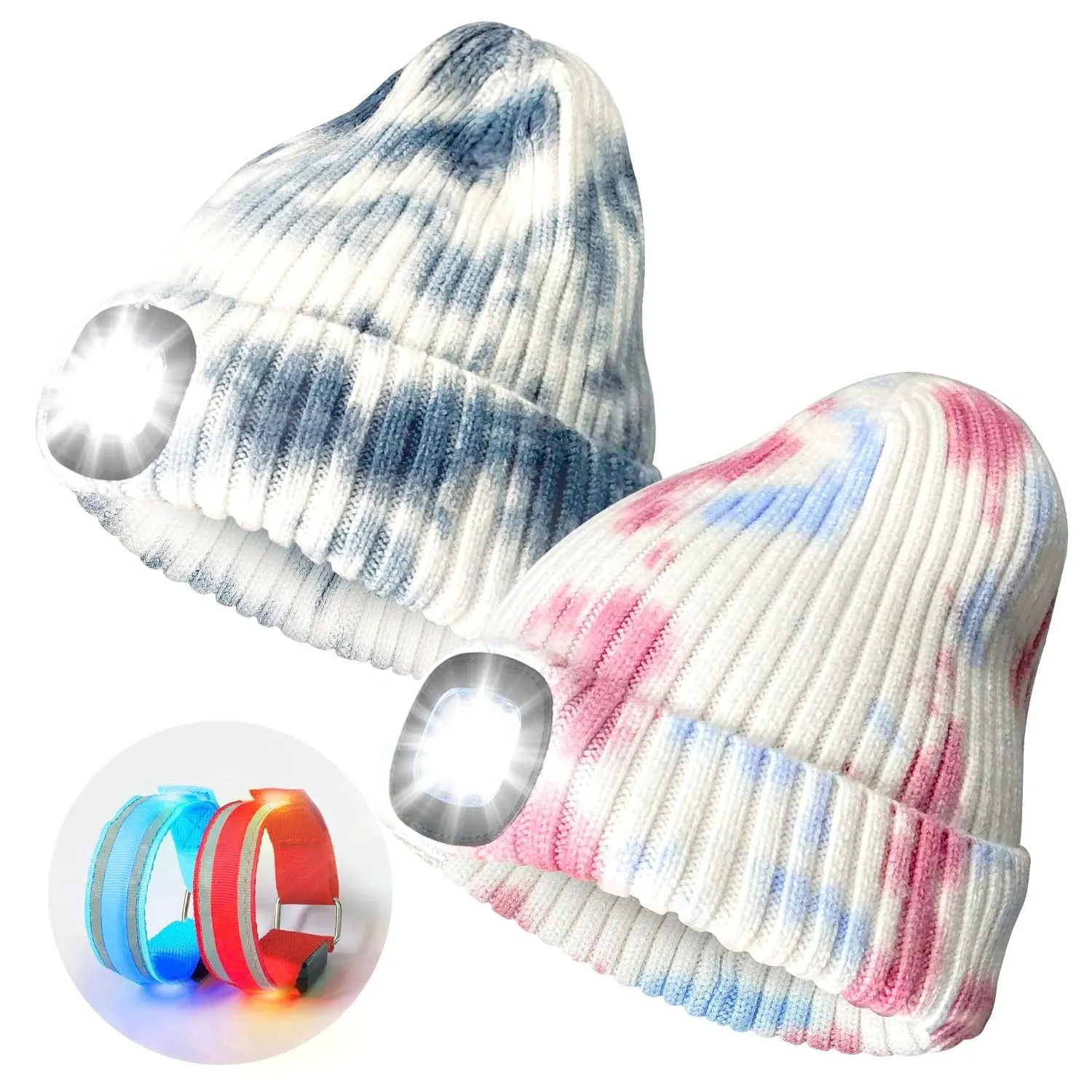 2 Pack LED Beanie Hat with Light and Glow Bracelet, Rechargeable Headlamp Beanie Cap Unisex Winter Warm Knit Night Light Hat for Camping Running Walking, Knit Beanie Gift for Men Women Kids(Tie Dye)