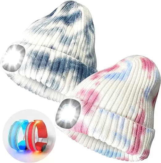 2 Pack LED Beanie Hat with Light and Glow Bracelet, Tie Dye Gray &amp; Pink 