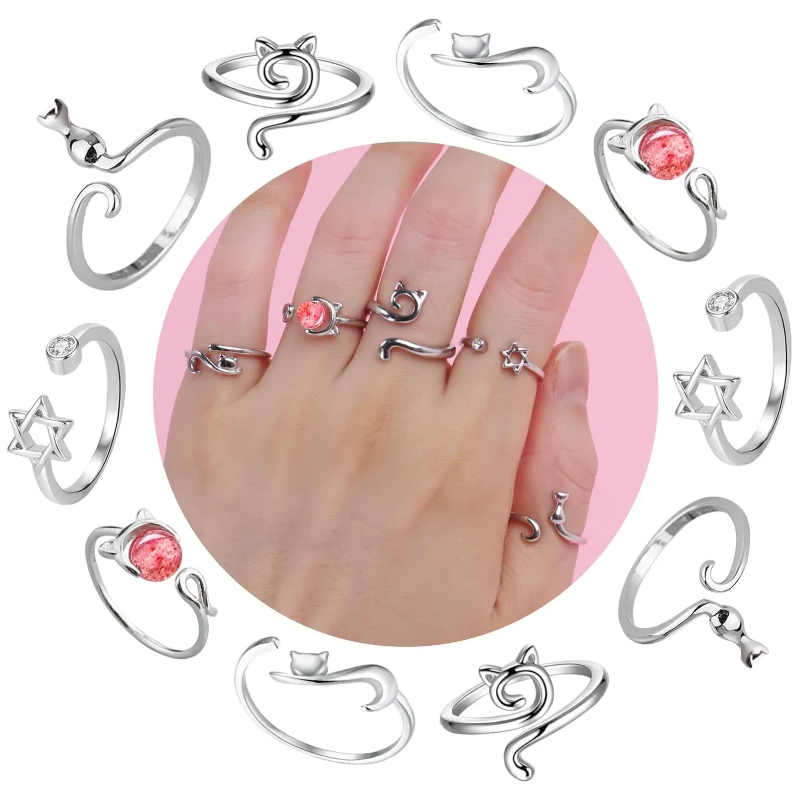 10 Pcs Crochet Ring - Adjustable Crochet Ring Finger Yarn Guide Knitting Tension Rings for Crocheting Cat Yarn Ring for Women