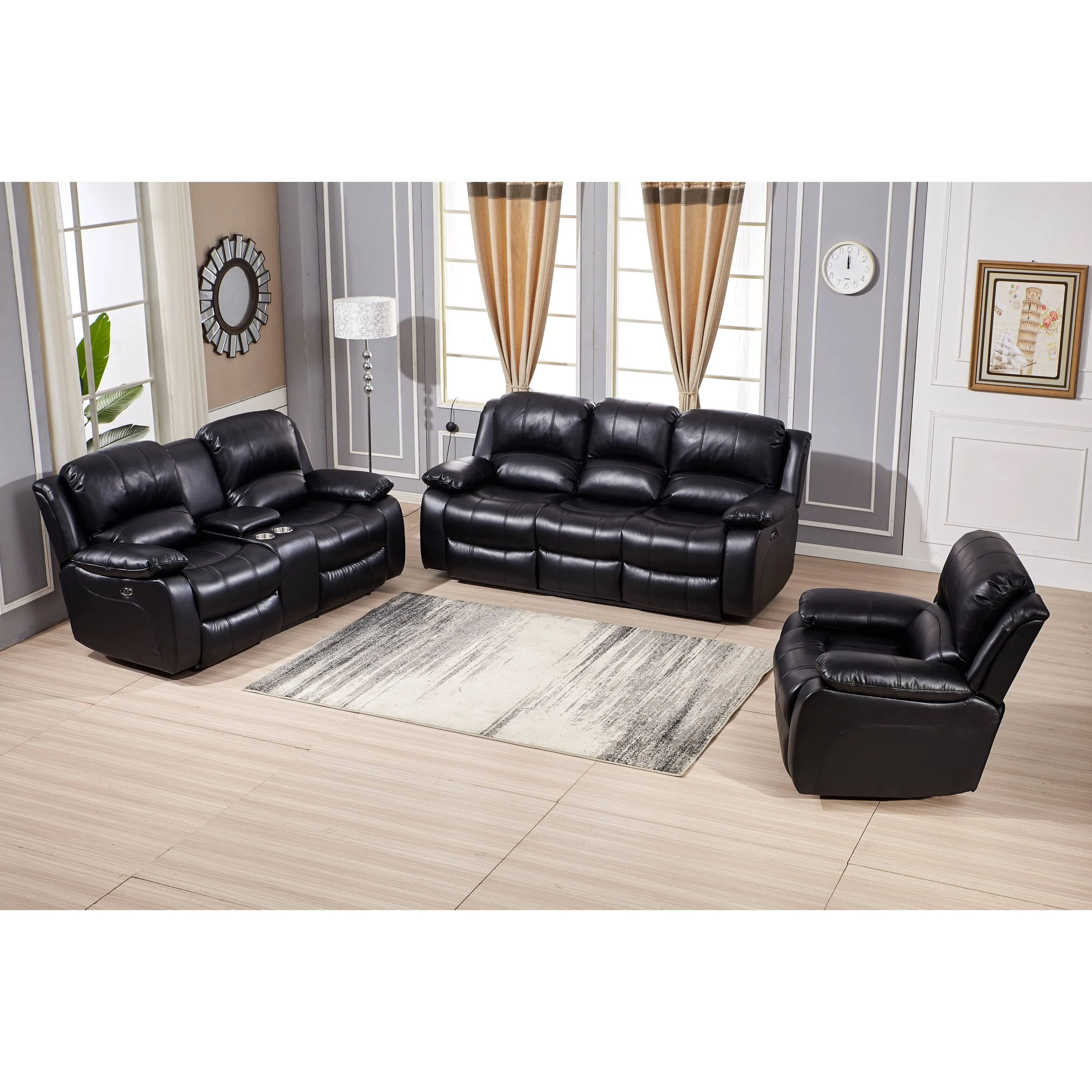 Betsy Furniture Power Reclining Bonded Leather Living Room Set, Black