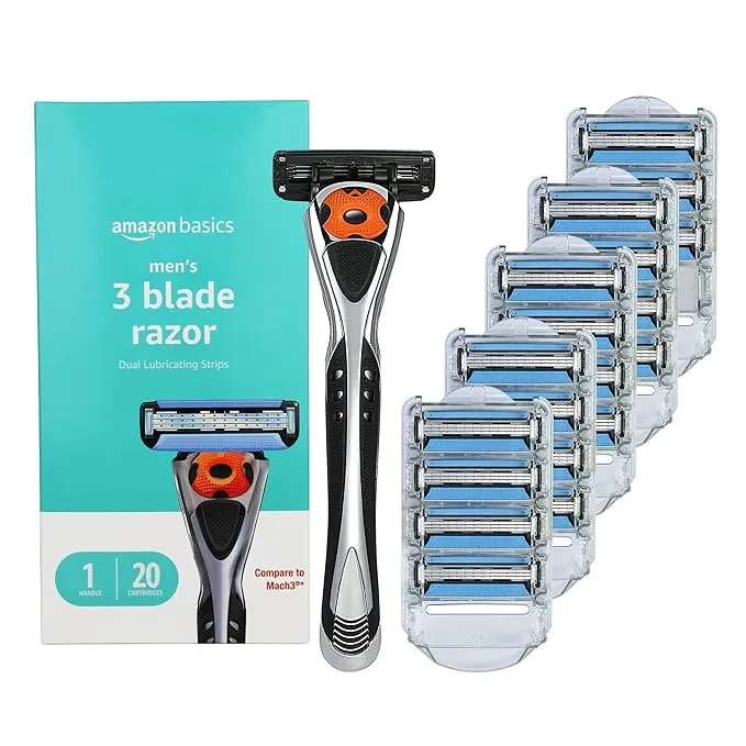 Amazon Basics 3-Blade Motion Sphere Razor for Men with Dual Lubrication, Handle & 20 Cartridges, Cartridges Fit Amazon Basics Razor Handles Only, 21