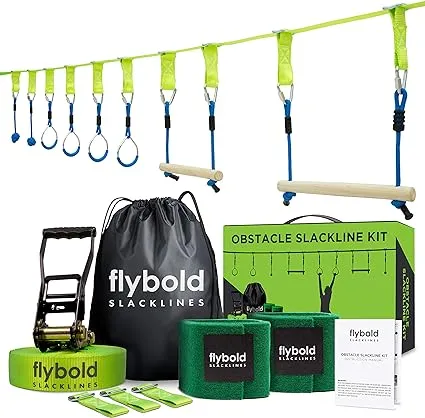 flybold Obstacle Course for Kids | 40 Ft Ninja Warrior Slackline Kit with 8 Adjustable Obstacles | 40-Piece Slack Line Training Equipment | Twin Gear Ratchets, Tree Protectors, Carry Bag & Manual