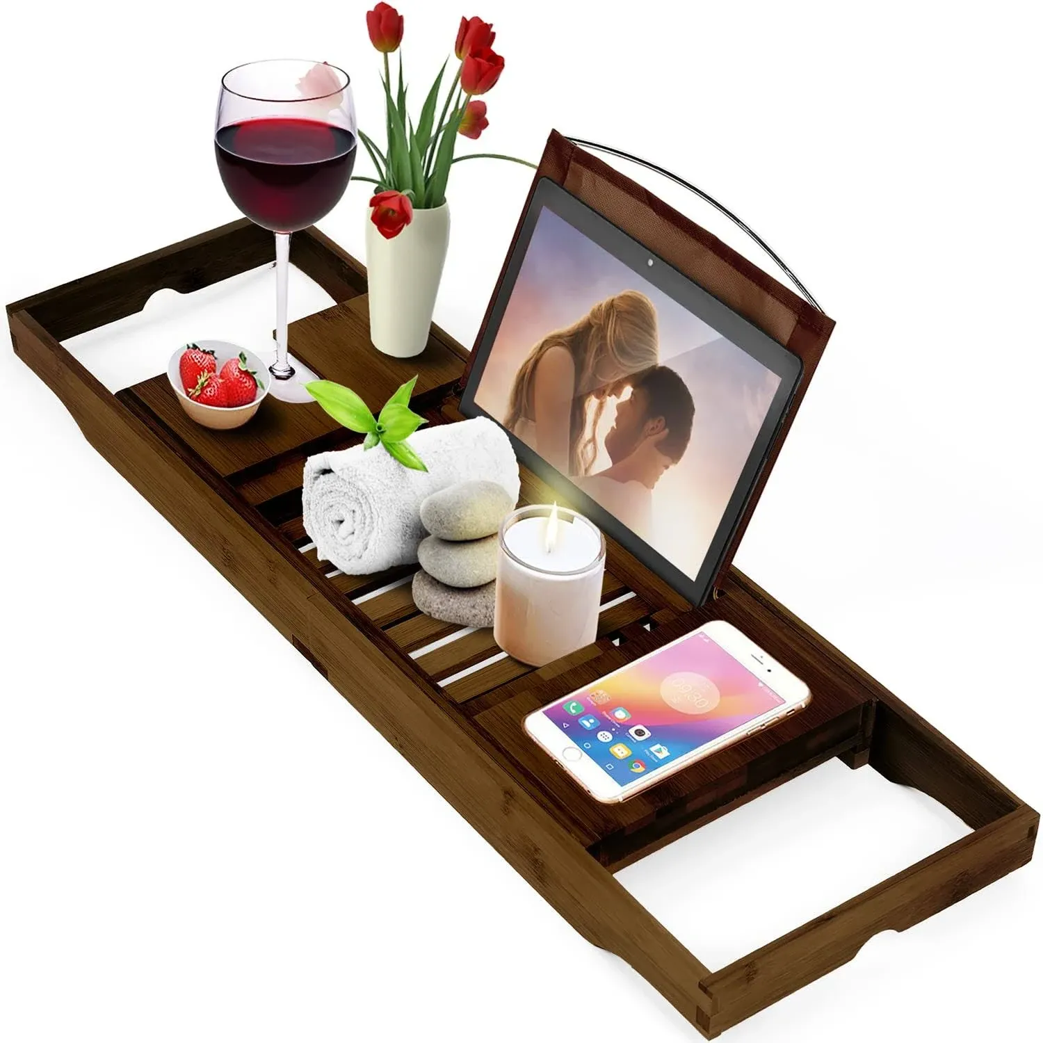 Homemaid Living Bamboo Bathtub Tray Perfect Expandable Bathtub Caddy with Reading Rack or Tablet Holder