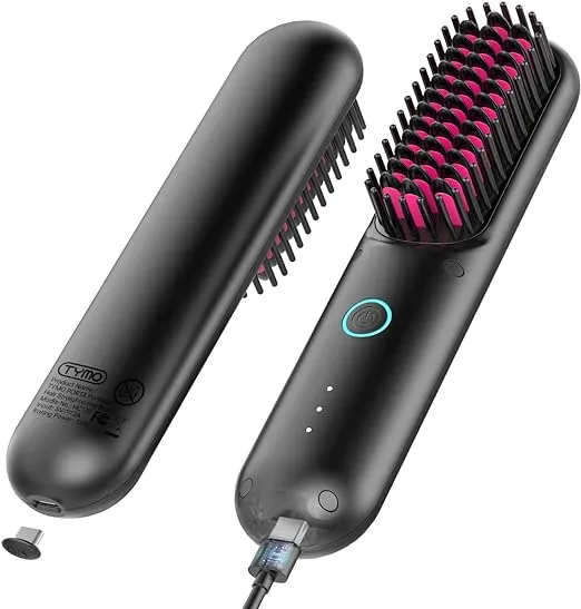 TYMO Porta Cordless Hair Straightener Brush, Portable Straightening Brush with Negative Ion, Hot Comb Hair Straightener for Women, Lightweight & Mini to Carry Out, USB Rechargeable, Anti-Scald