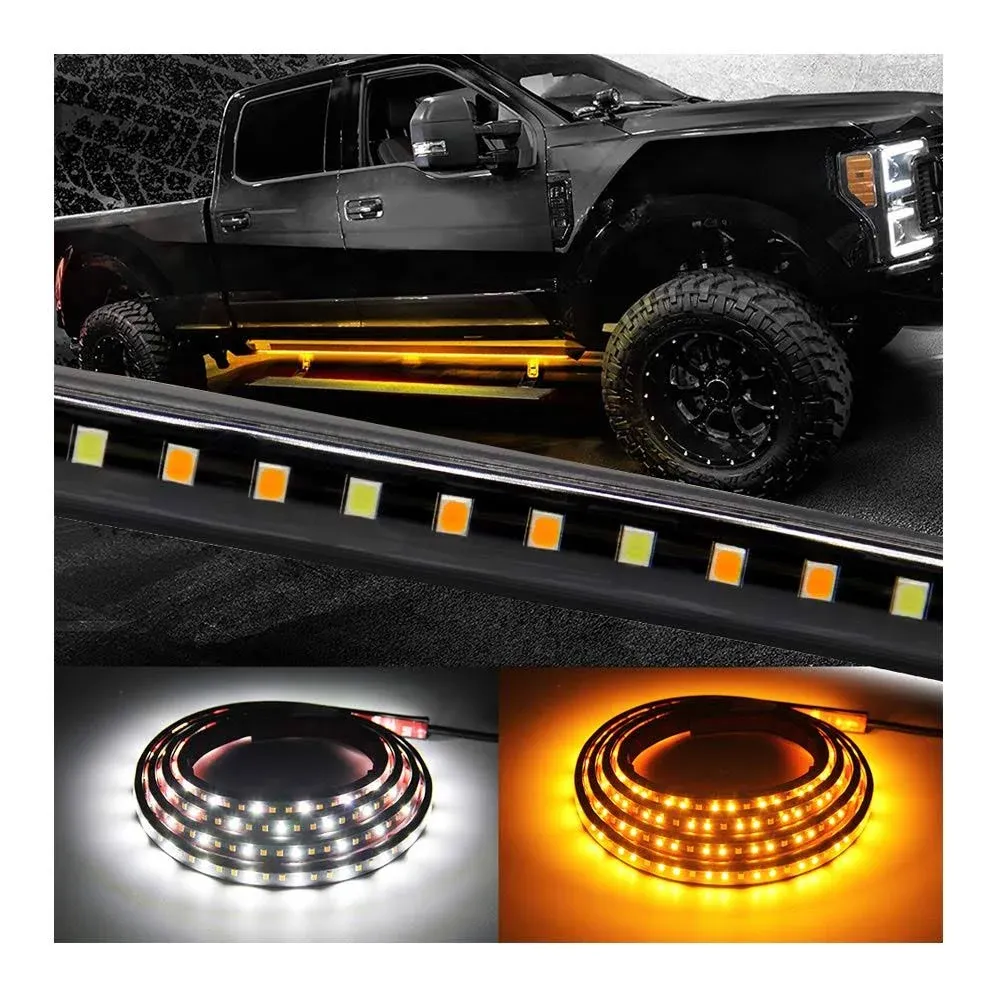 Truck LED Running Board Lights Amber Side Marker Kit, White Courtesy Lights Extended Crew Cab 2pc 48Inch 144 Led Bar Bed Light Switchback Underglow Strip for Pickup Trucks SUV Car Work (48Inch Board)