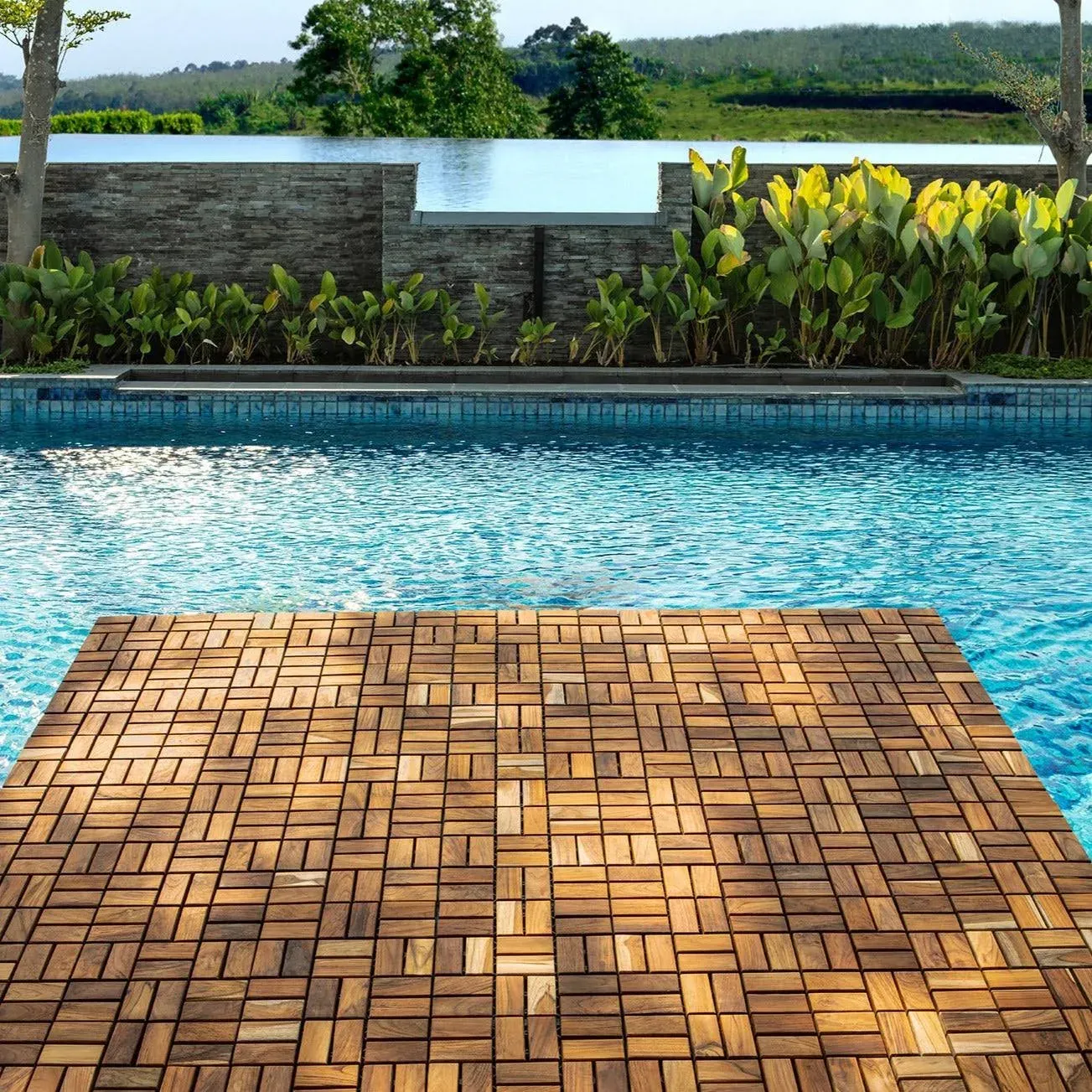 Zig Zag Teak Wood 18-slat Square Interlocking Tile Set (Pack Brown