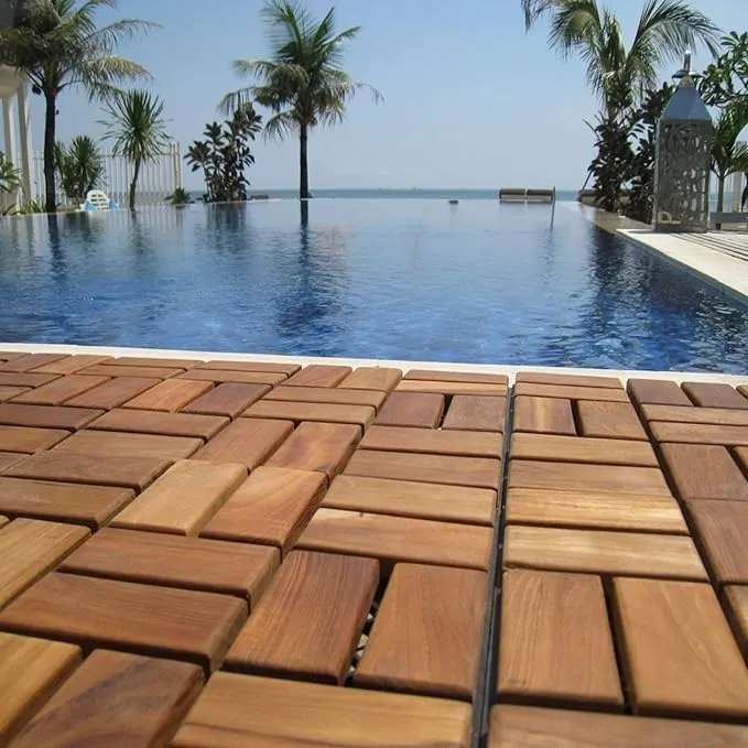 Nordic Style Teak Interlocking Tiles - Wooden Floor Tile Set for Indoor and Outdoor Use - Perfect for Sauna, Patio, Deck, Spa Floors - 10 Square Feet (12" x 12" - 18 Slat Design, Oiled Finish)