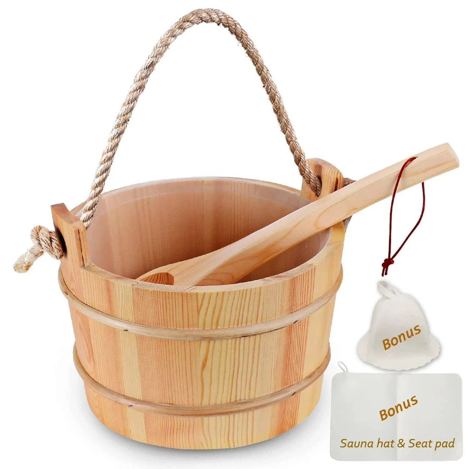 Sauna Bucket with Ladle Handmade Wooden Sauna Bucket Sauna Spa Accessory - 5 Liter (1.3 Gallon) Sauna Bucket with Felt Sauna Hat and Sauna Seat Pad