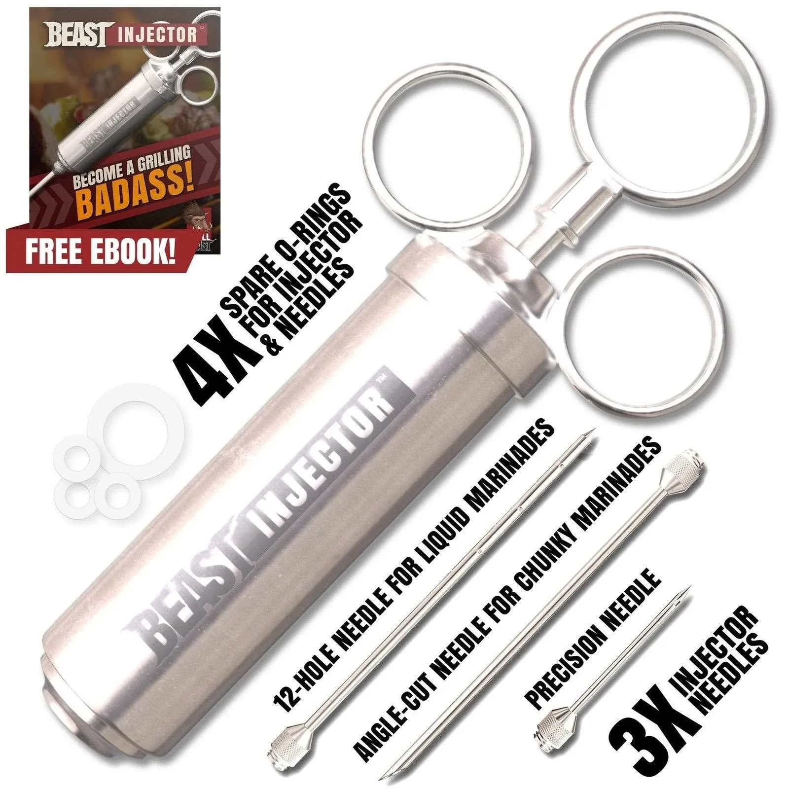 Grill Beast - 304 Stainless Steel Meat Injector Kit with 2-oz Large Capacity Barrel and 3 Professional Marinade Needles