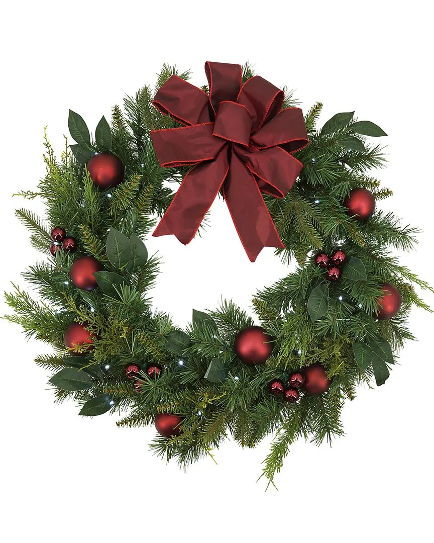 Shop Gerson International 32in Pre-lit Mixed Pine Wreath W/lvs Ball & Cedar In Green