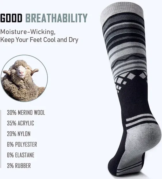 OutdoorMaster Merino Wool Ski Socks, Black / M (2-Pair Pack)