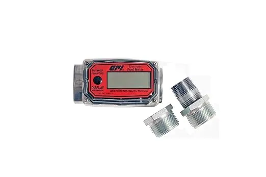 GPI 113255-1, 01A31GM Aluminum Turbine Fuel Flowmeter with Digital LCD Display, 3-30 GPM, 1-Inch FNPT Inlet/Outlet, 0.75-Inch Reducer Bushings, ±5% Accuracy