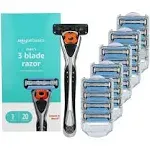 Amazon Basics 3-Blade Motion Sphere Razor for Men with Dual Lubrication, Handle & 20 Cartridges, Cartridges Fit Amazon Basics Razor Handles Only, 21