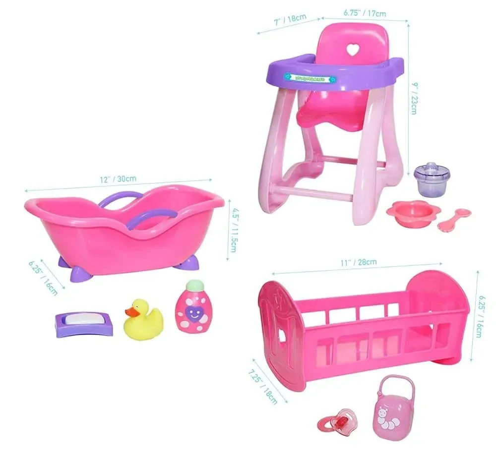 JC Toys Deluxe Doll Accessory Bundle Featuring High Chair, Crib, Bath and ...