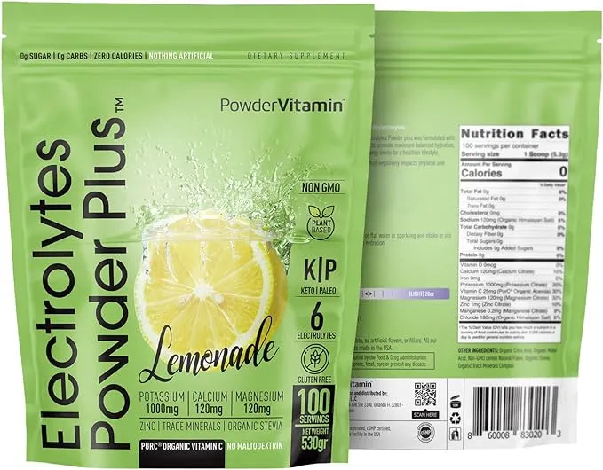 Electrolytes Powder Plus Keto, Lemonade (100 Servings) 0 Sugar, No Maltodextrin,1000mg Potassium,120mg Calcium,120mg Magnesium,Organic Vitamin C,Zero Calories, Energy Hydration Powder