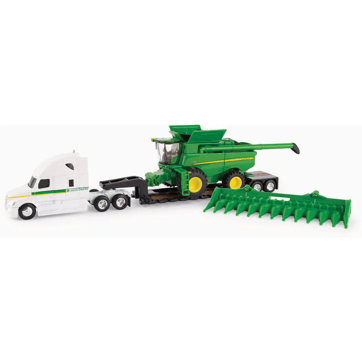 1/64 Scale John Deere S780 Combine with Freightliner Semi and Lowboy Trailer