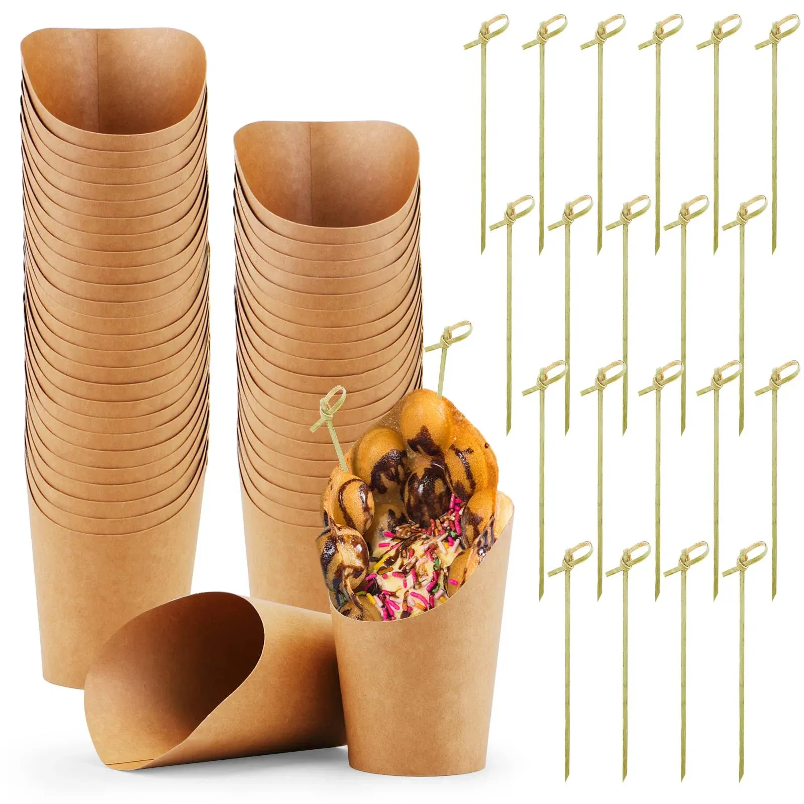 50 Pcs Charcuterie Cups with 50 Pcs Cocktail Picks, 14oz Brown French Fry Holder Cups, Disposable Appetizers Cups, Kraft Paper Snack Cups, Popcorn Boxes for Party