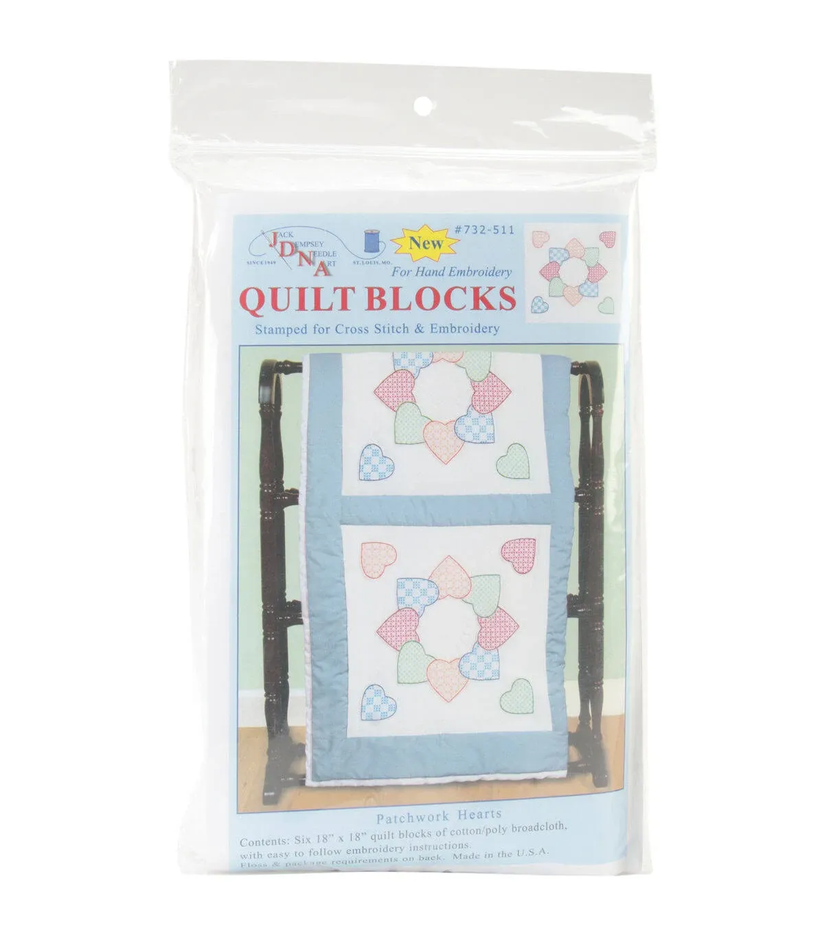 Jack DEMPSEY,Stamped White Quilt Blocks 18"x18" 6/Pkg Patchwork Hearts