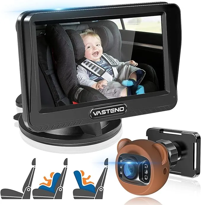 Baby Car Camera,360° Rotation 1080P Baby Car Mirror with Night Vision & 150° Wide View Function,5 Mins Easy to Install Travel Safety Kit,With A Cute Silicone Case