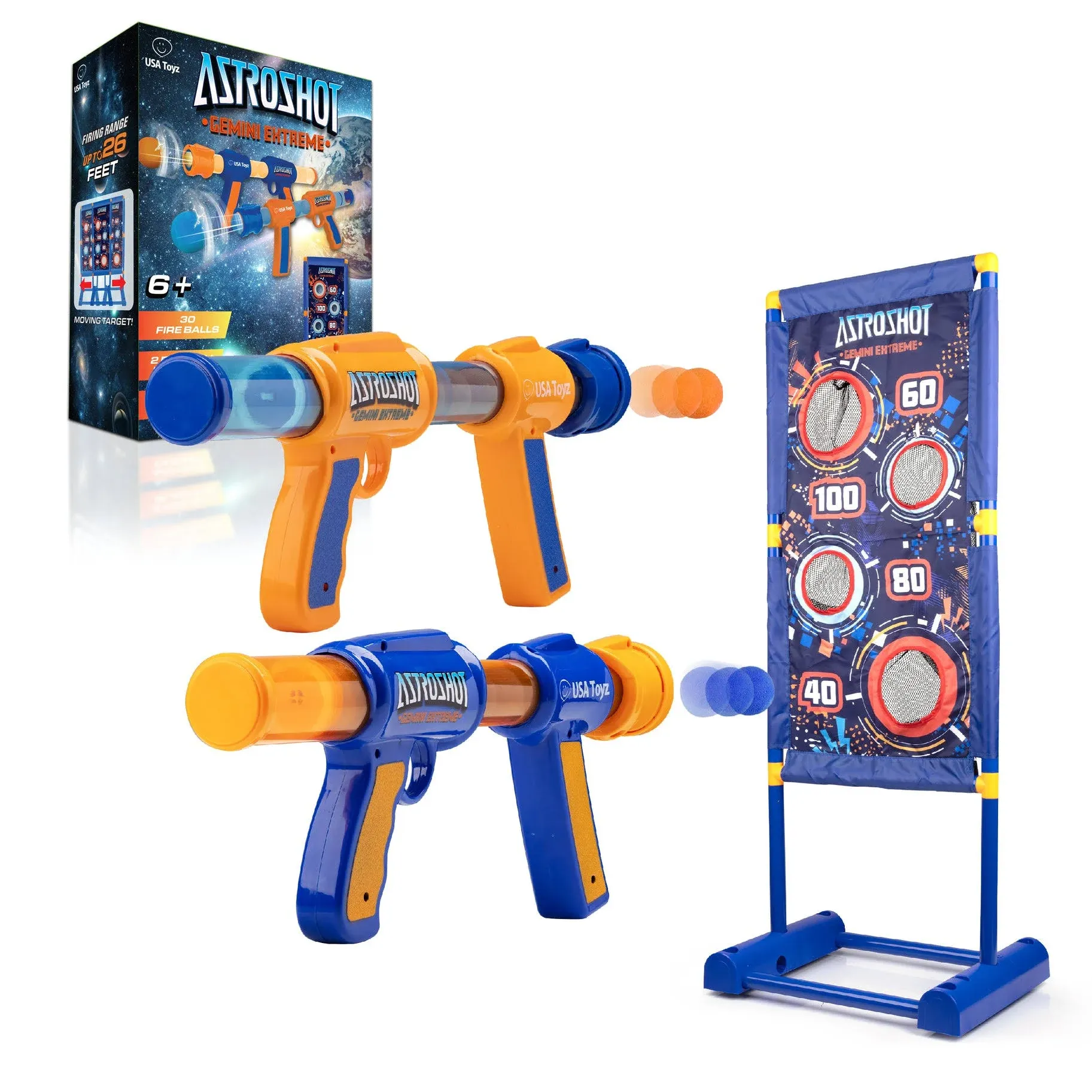 USA Toyz Astroshot Gemini Extreme Shooting Game for Kids 2 Pack Foam Ball Popper Air Guns and Moving Target Shooting Game Toy for Boys Girls 2 Guns 30 Balls Outdoor Compatible with Nerf Blue/Orange