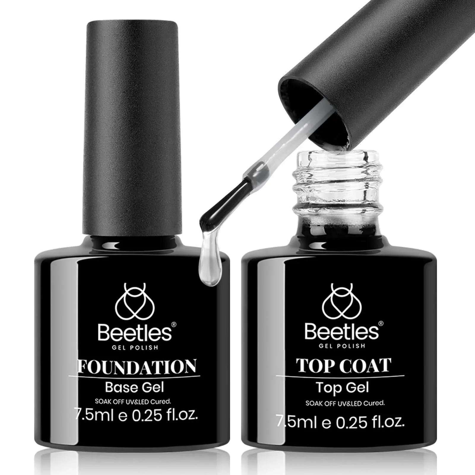 Beetles 2pcs 7.5ml No Wipe Gel Top Coat and Base Coat Set, Soak Off LED Clear Gel Base Top Gel Glossy Shine Finish Long Lasting Gel Polish Base and Top Coat Gel Lamp Nails Art DIY Home