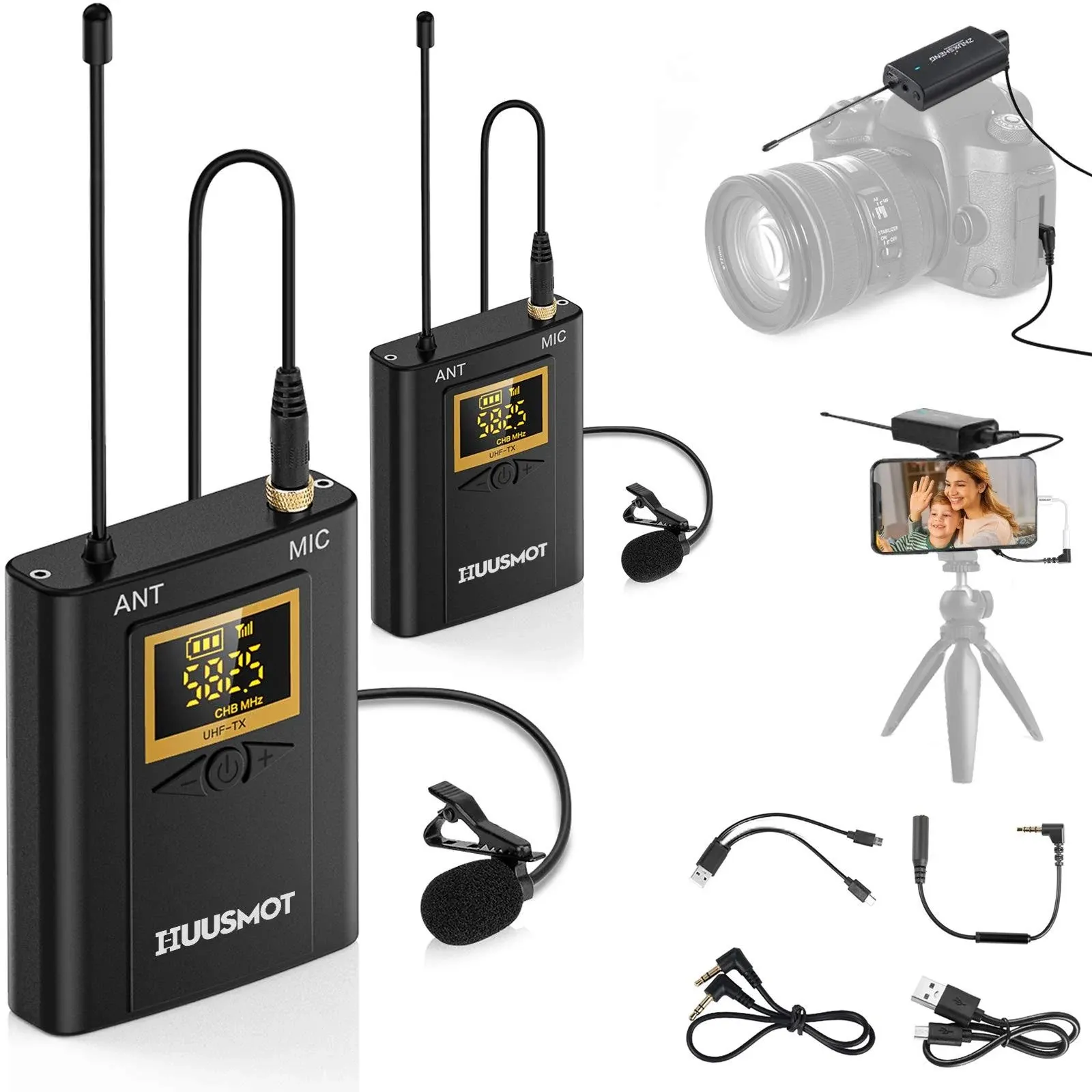 Wireless Lavalier Microphone System - HUUSMOT Wireless Mic System with Dual ...