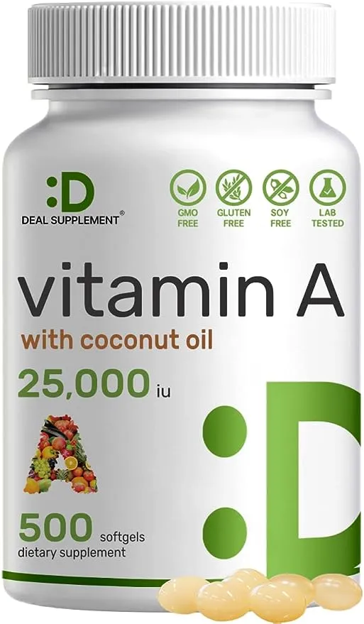 DEAL SUPPLEMENT High Potency Vitamin A 25000 IU, 500 Coconut Oil Softgels | Easily Absorbed, Natural Fish Liver Oil Source – Vitamins for Eye, Immune, & Skin Health – Easy to Swallow, Non-GMO