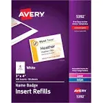 Avery Name Badge Inserts, Print or Write, 3 x 4 Inch, 300 Card Stock Refills (5392), White