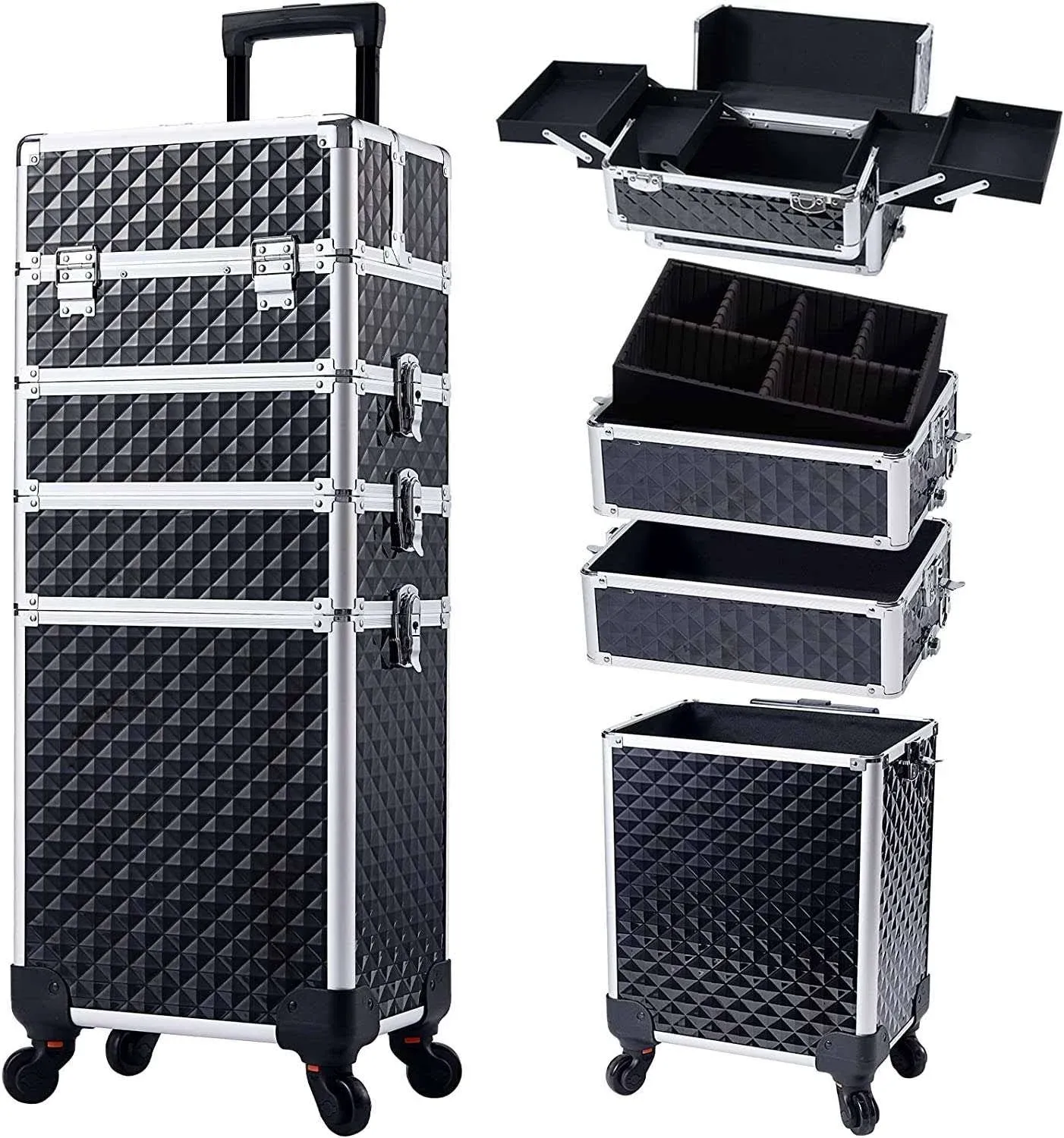 Stagiant Rollender Make-up-Trolley, großer Aufbewahrungs-Kosmetikwagen, 4-in-1, große Kapazität, Trolley, Make-up, Reisekoffer mit Schlüssel-Schwenkrädern, Salon, Friseurkoffer, Reisewagen, Schwarz