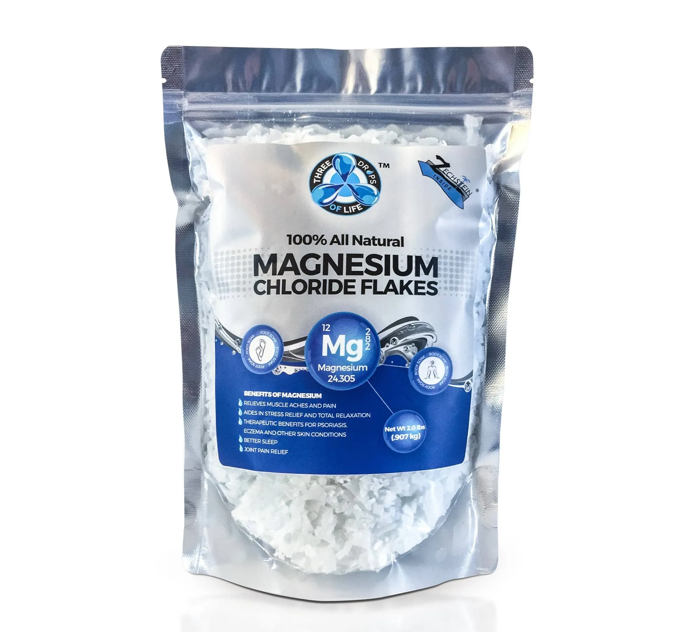 All Natural Magnesium Chloride Flakes, High Potency Absorption, Chloride Wins Over Epsom, Magnesium Directly from The Source, Numerous Health Benefits - 2lb Bulk Bag (1 Pack)