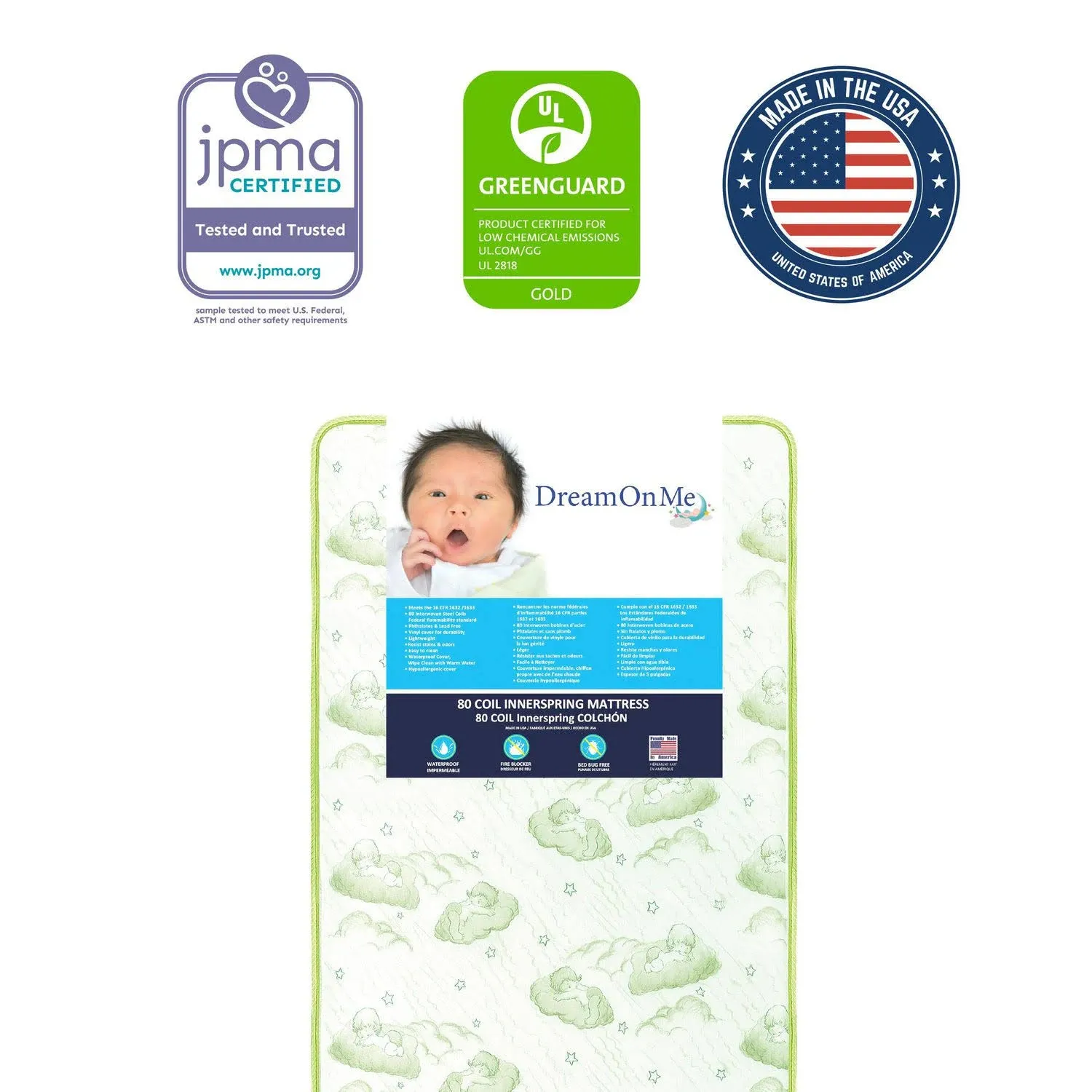 Dream on Me Twinkle 5" 88 Coil Crib & Toddler Innerspring Mattress, Green Clouds