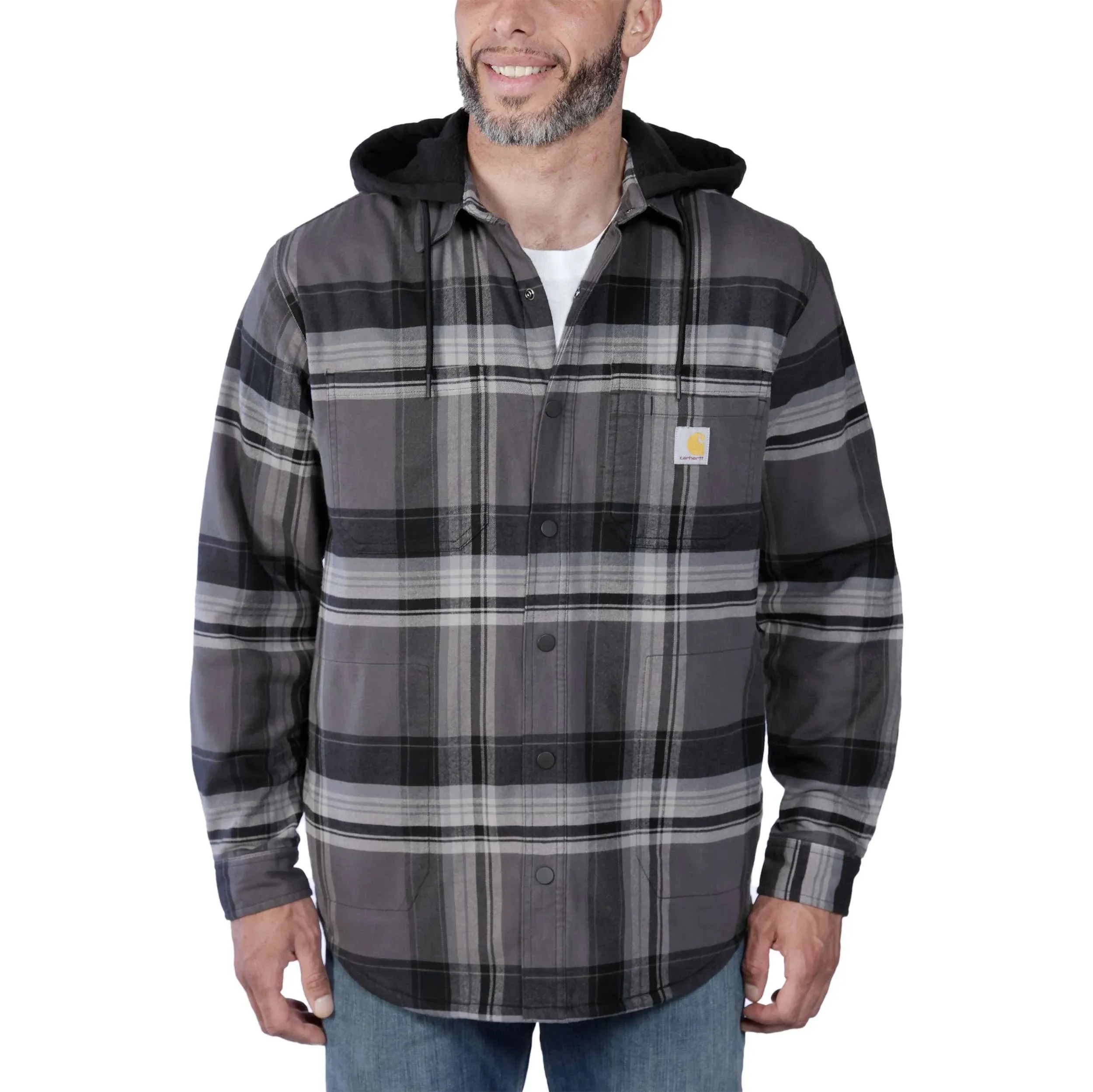 Carhartt Men's Rugged Flex Relaxed Fit Flannel Fleece Lined Hooded Shirt Jac, Black