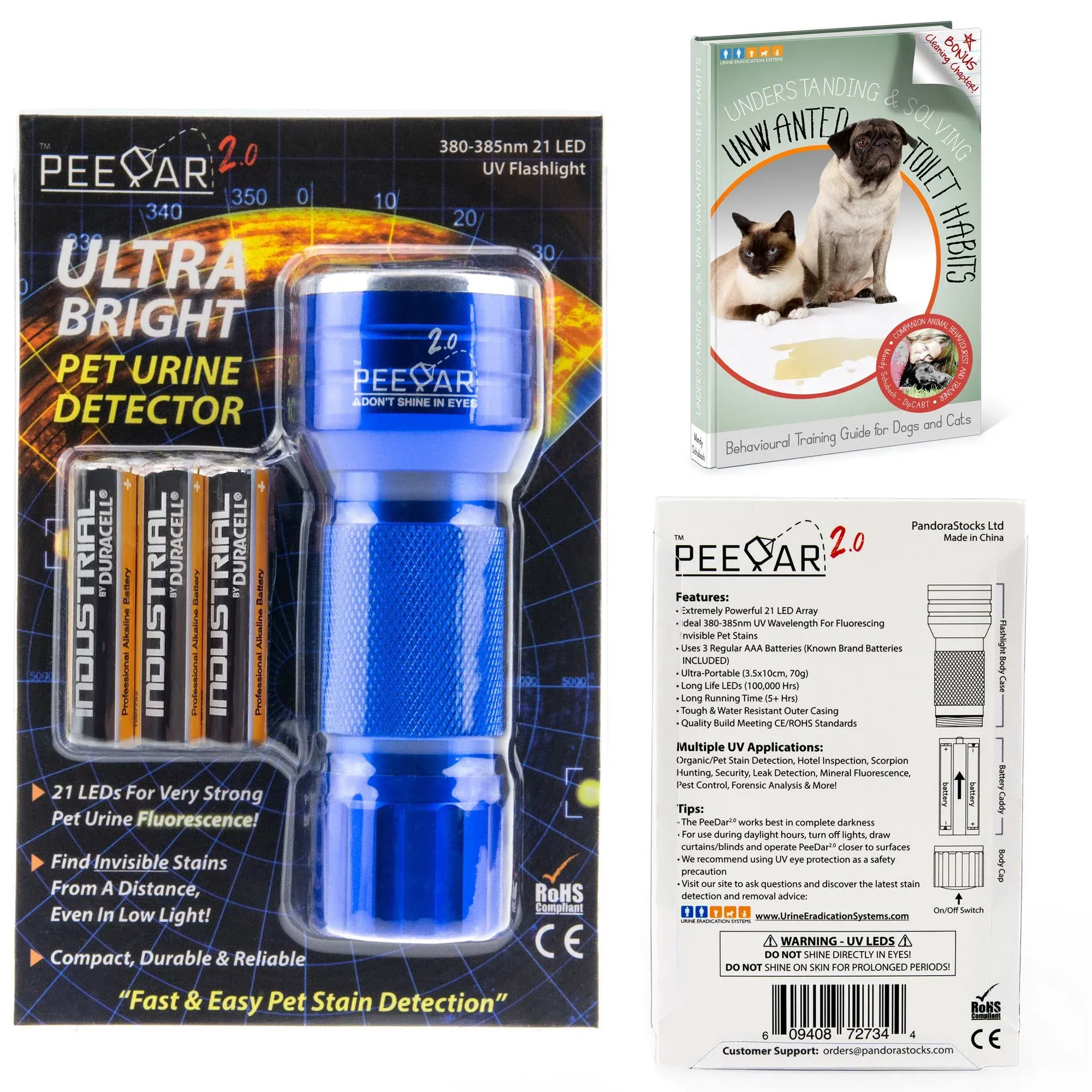 2.0 UV Pet Urine Detector Black Light Flashlight + Cat & Dog Behaviorist Book + 3 AAAS. Ultra Bright Optimal 380-385NM LEDs Find Invisible Stains Instantly! Rid Cat, Dog Pee Issues Forever.