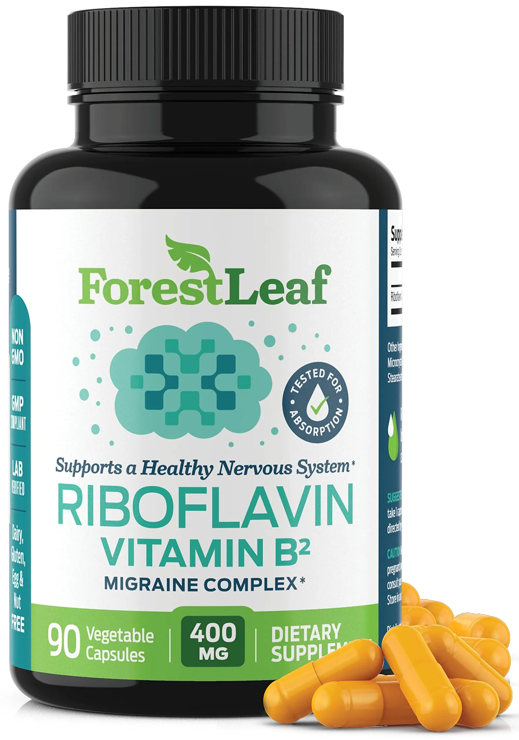 Vitamin B2 Riboflavin 400mg - 90 Capsules - Promotes Healthier Blood Nervous System Energy and Metabolism Non-GMO Gluten Free Daily Dietary