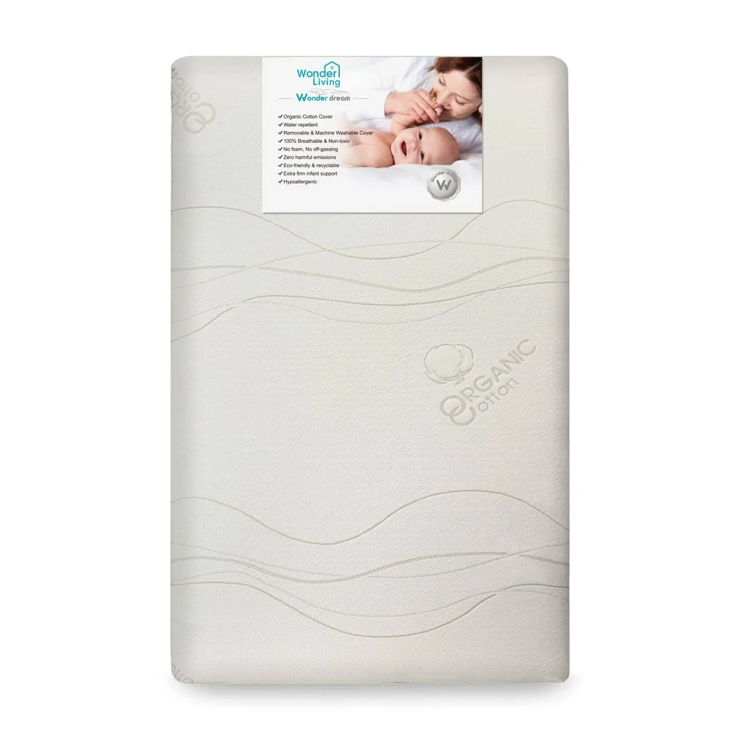 Wonder Living Wonder Dream Mini Crib Mattress, Organic Cotton, 100% Breathable, Non Toxic, No VOC's, Hypoallergenic, White, Mini 38 inch x 24 inch