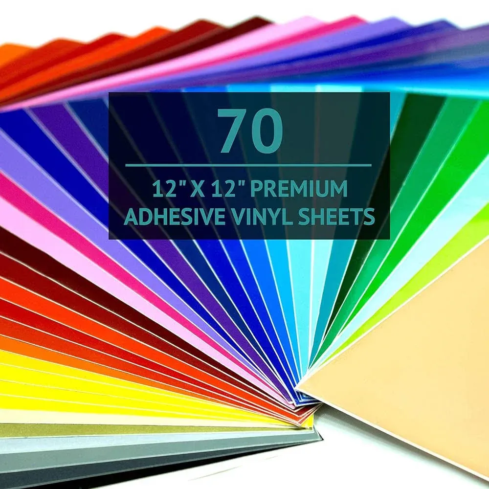 Bright Idea Permanent Vinyl Sheets - 70 Pack 12x12 | Adhesive Vinyl Sheets, Assorted Colors (Glossy, Matte, Metallic) Permanent Vinyl Bundle Pack for