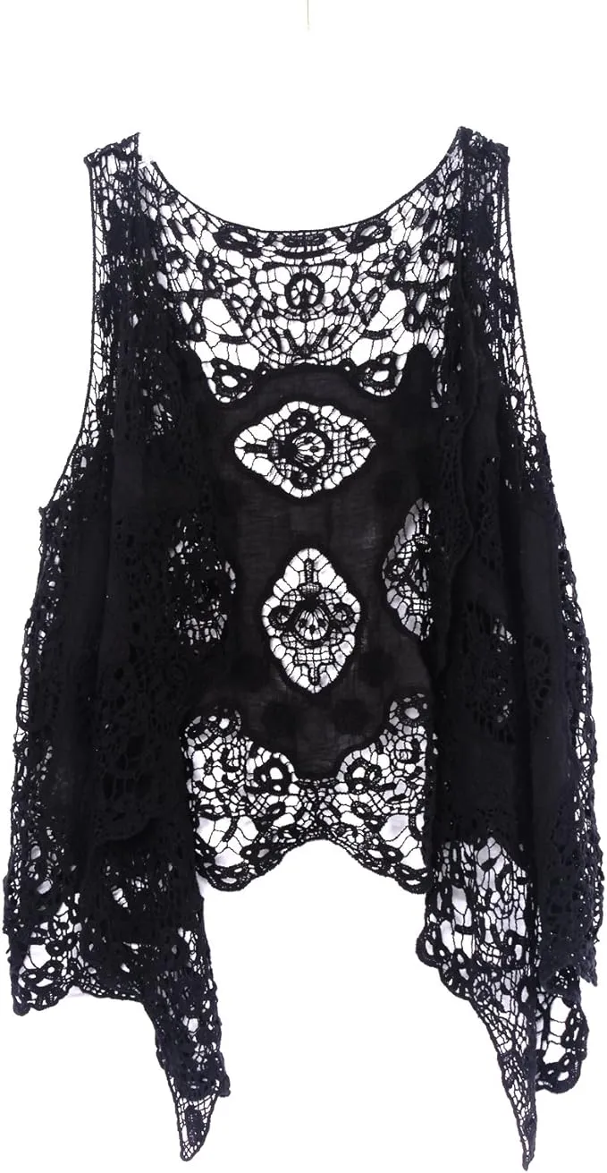 Jastie Open Stitch Cardigan Boho Hippie Crochet Vest (Black) One Size